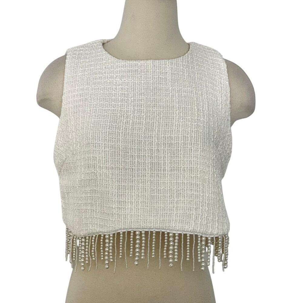 Jason Wu Pearl Fringe Tweed Cropped Top Sleeveless Cream White 10